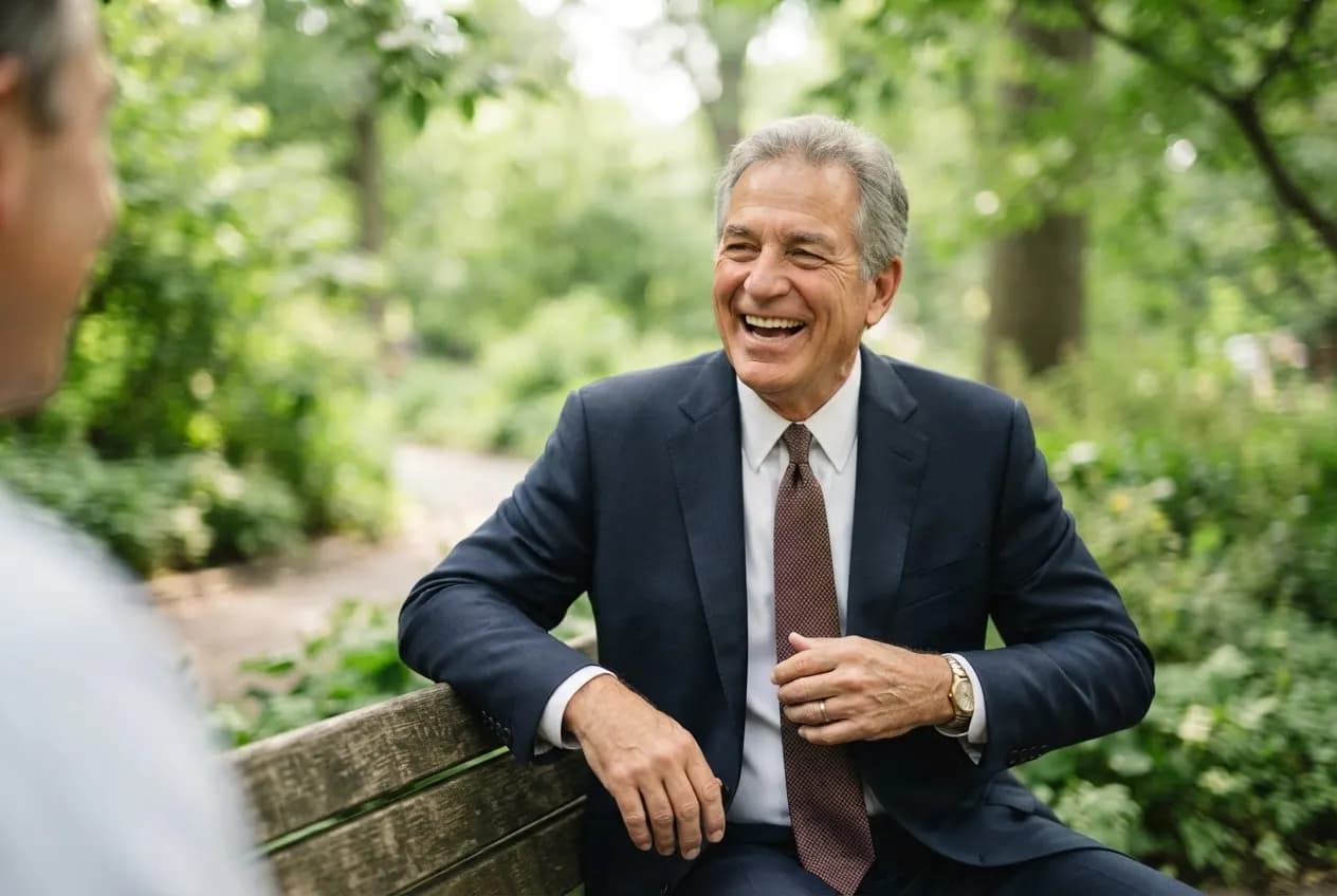 A smiling man in a suit sitting on a bench in a garden