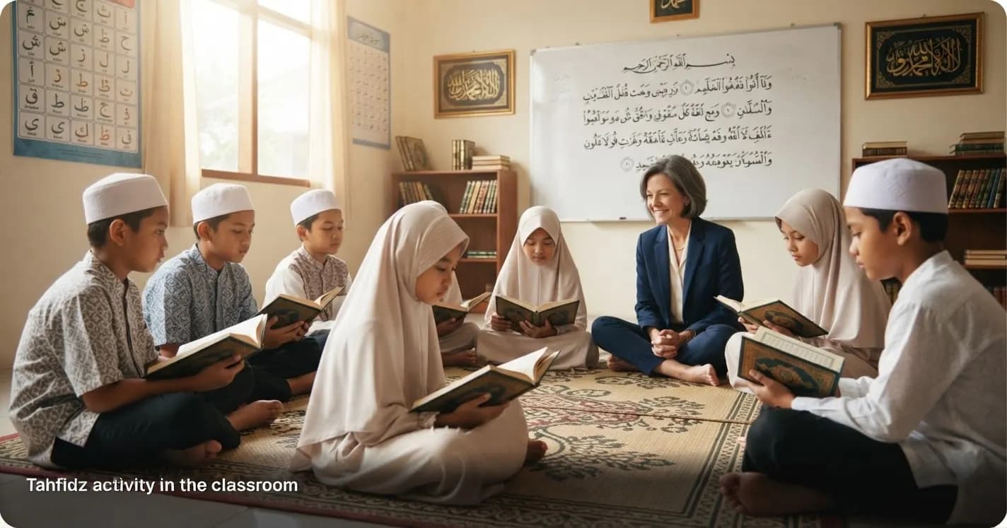 Pupils sitting on a carpet with their Qur'an, their teacher among them