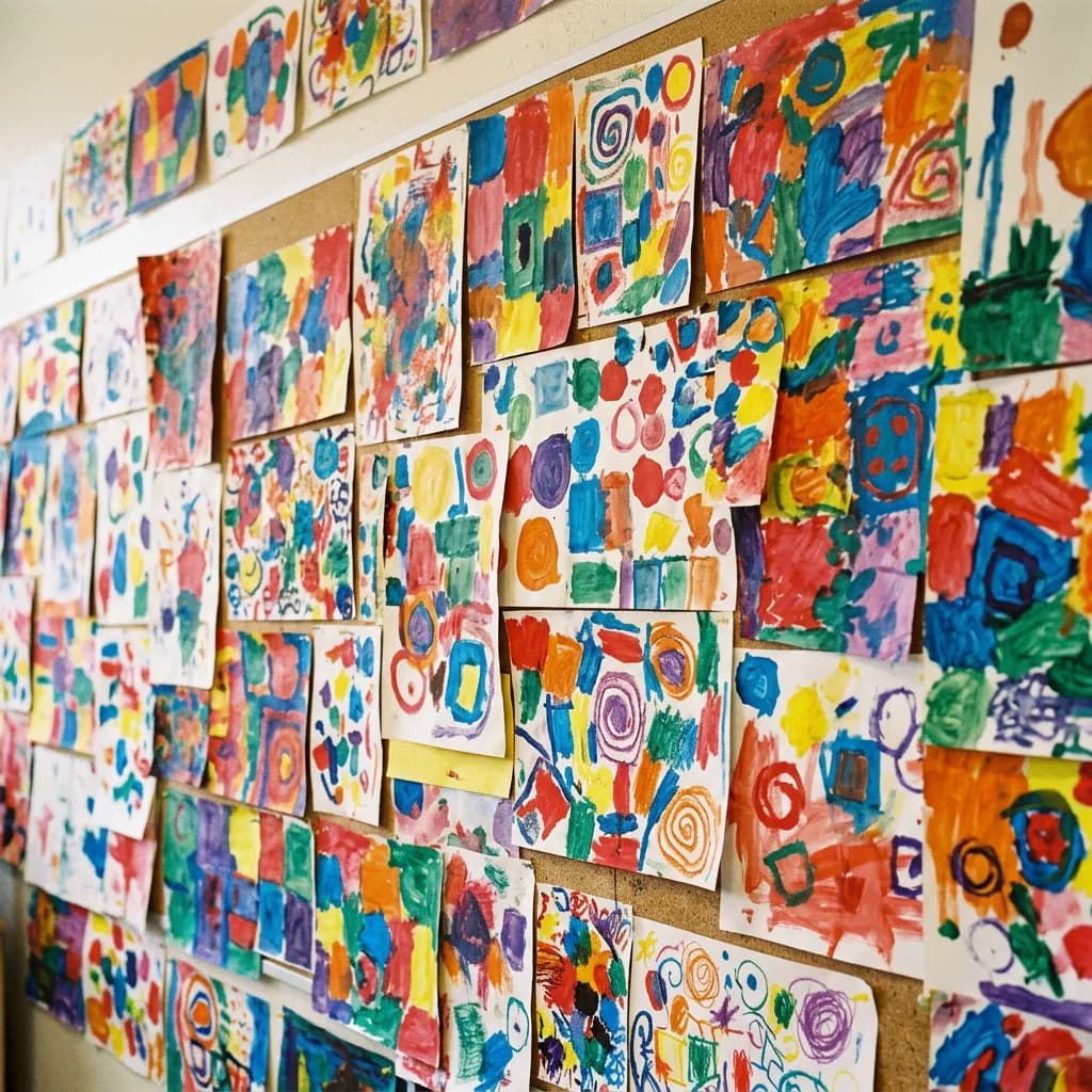 A classroom wall covered in children's colourful paintings