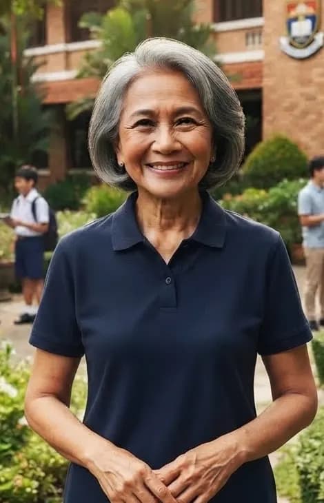 A smiling grandmother in front of the school building