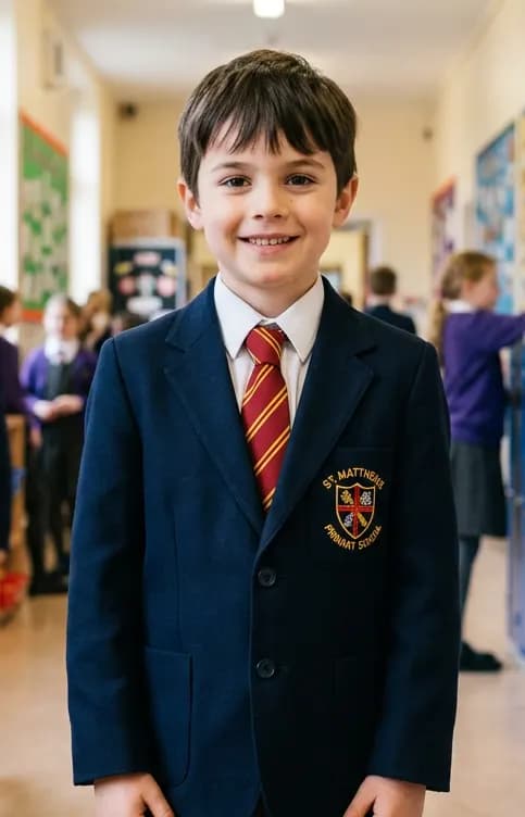 A pupil in a blazer and school tie in a school corridor